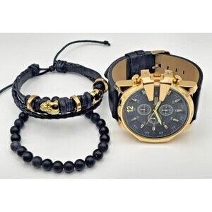 American Exchange Men’s Chronograph Watch Gold Black + Bracelet Set New Open Box